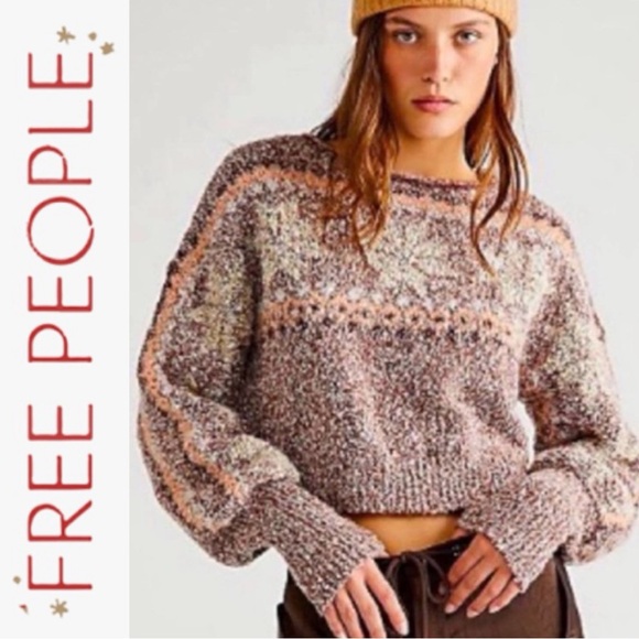 FREE PEOPLE GINGERBREAD COMBO SNOWFLAKE CROPPED PULLOVER SWEATER - Picture 1 of 14